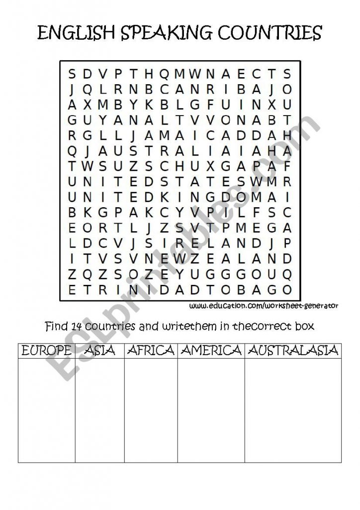 english speaking countries wordsearch esl worksheet