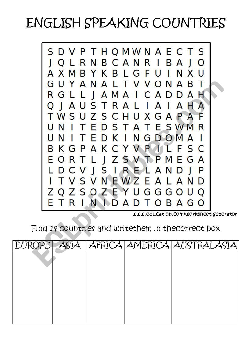 English Speaking Countries Wordsearch - Esl Worksheet