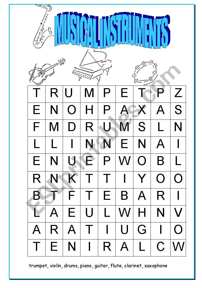 English Worksheets: Musical Instruments Wordsearch