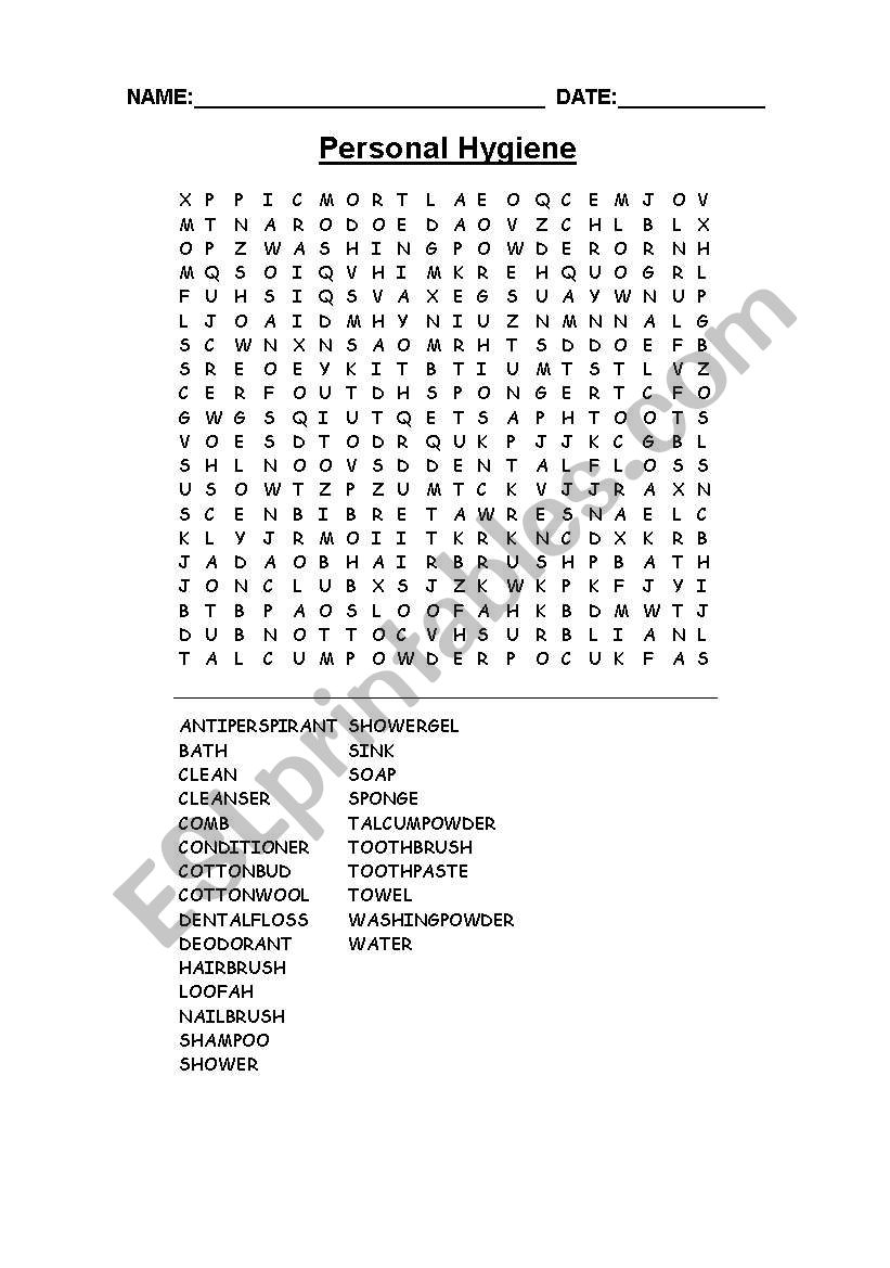 English Worksheets: Personal Hygiene Wordsearch