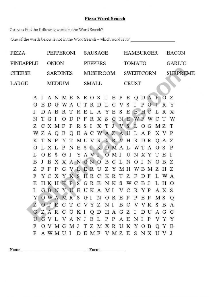 Pizza Word Search Printable