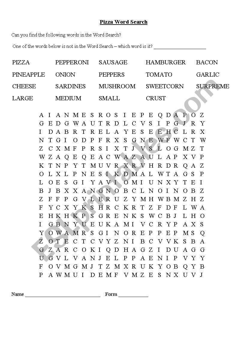 English Worksheets: Pizza / Food Recognition Word Search