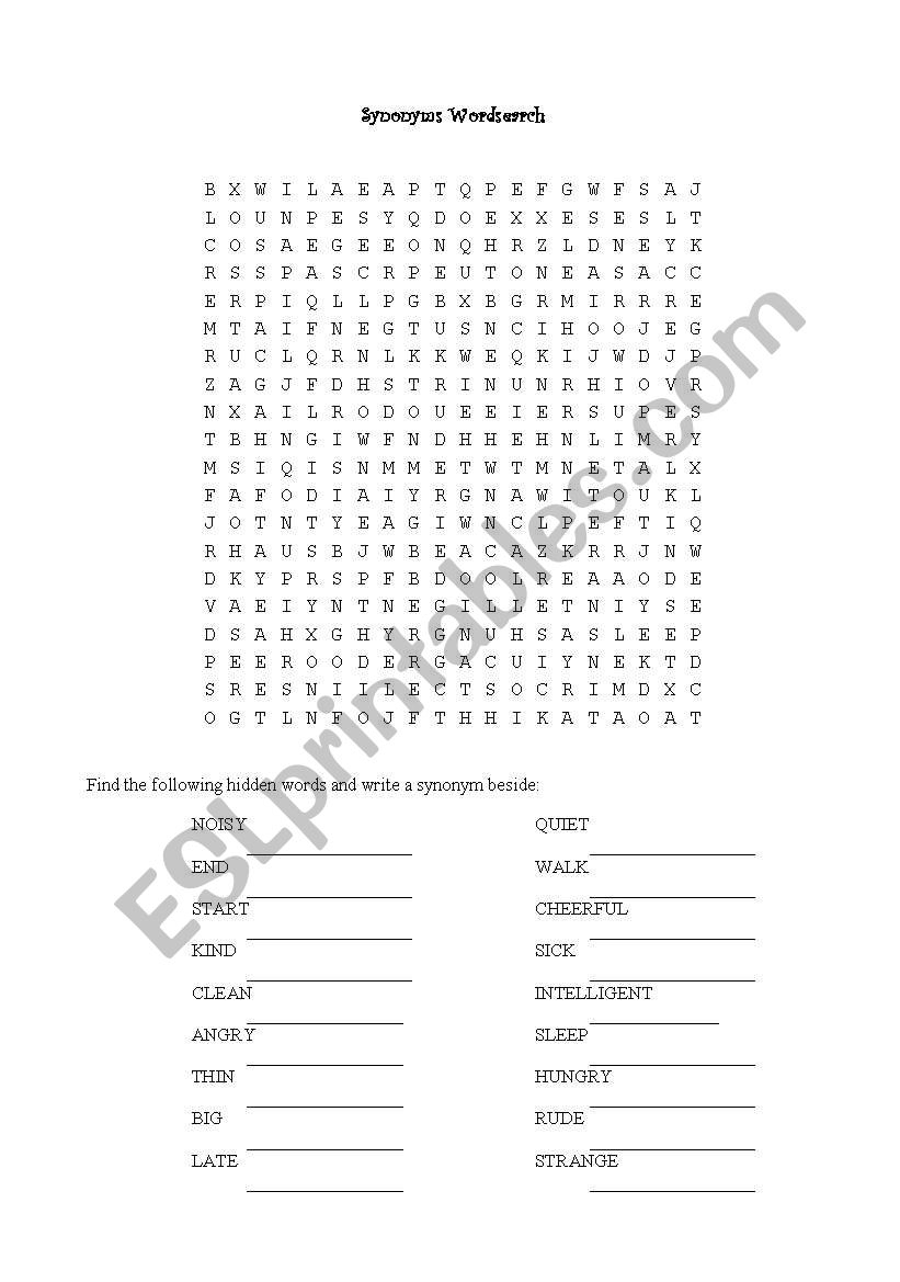 English Worksheets: Synonym Wordsearch