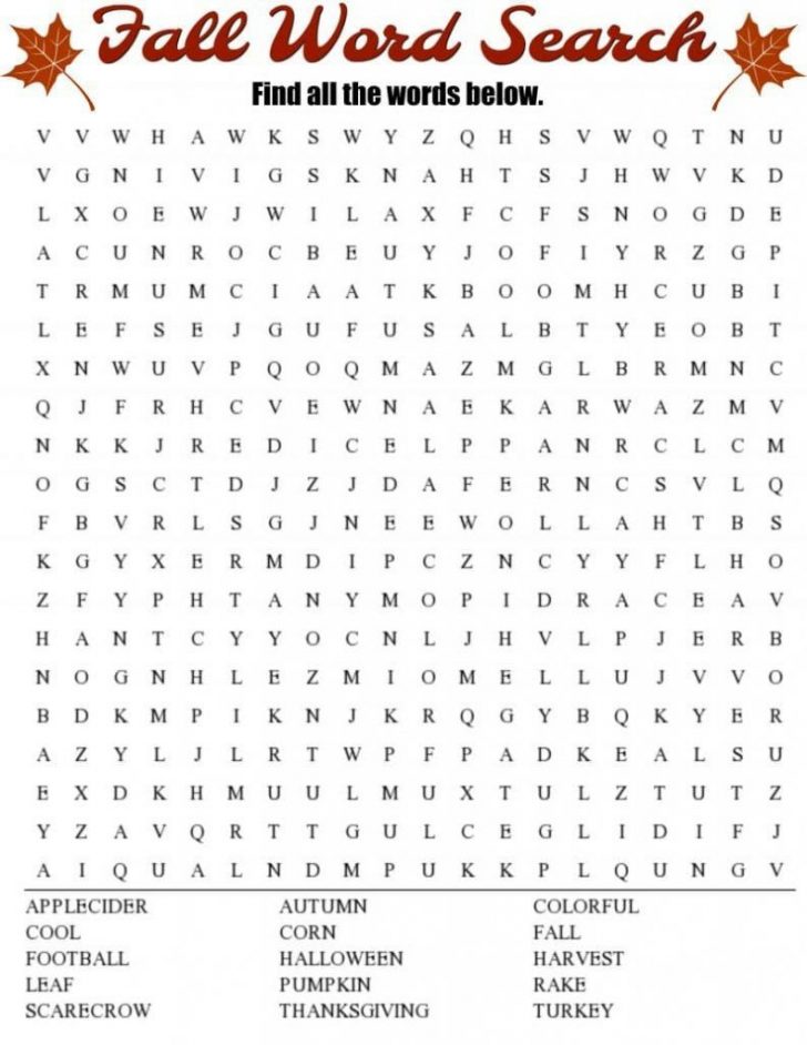 Free Printable Fall Word Search For Kids