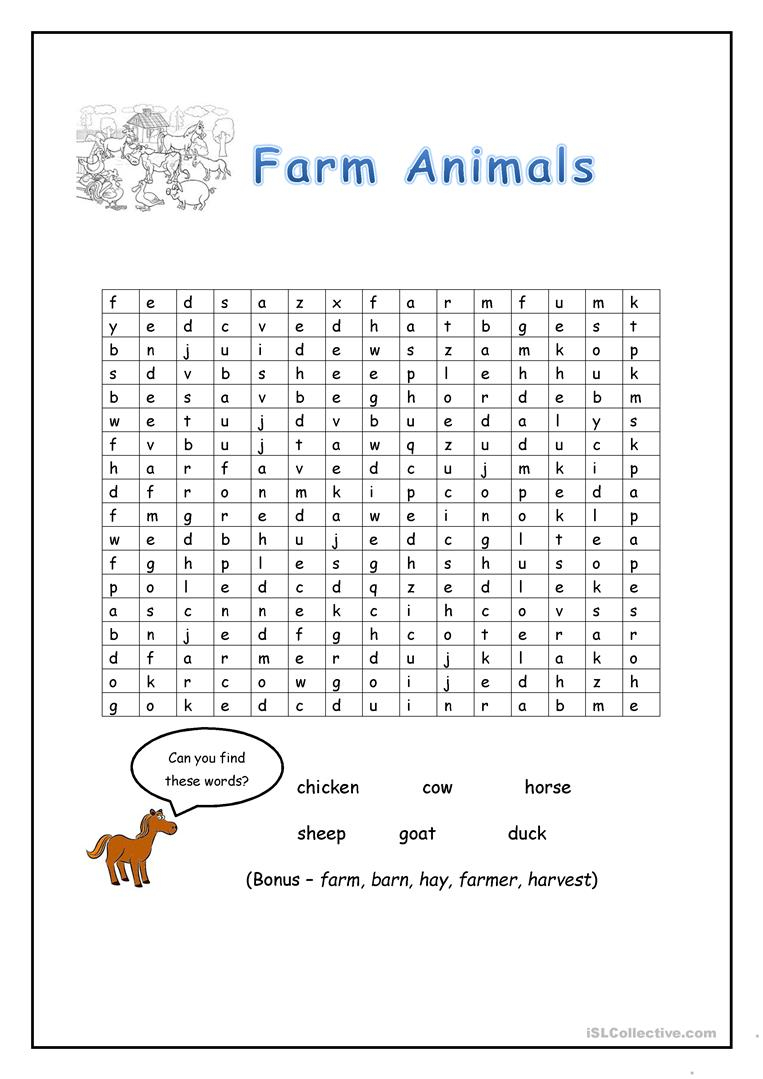 Farm Animals Word Search - English Esl Worksheets For