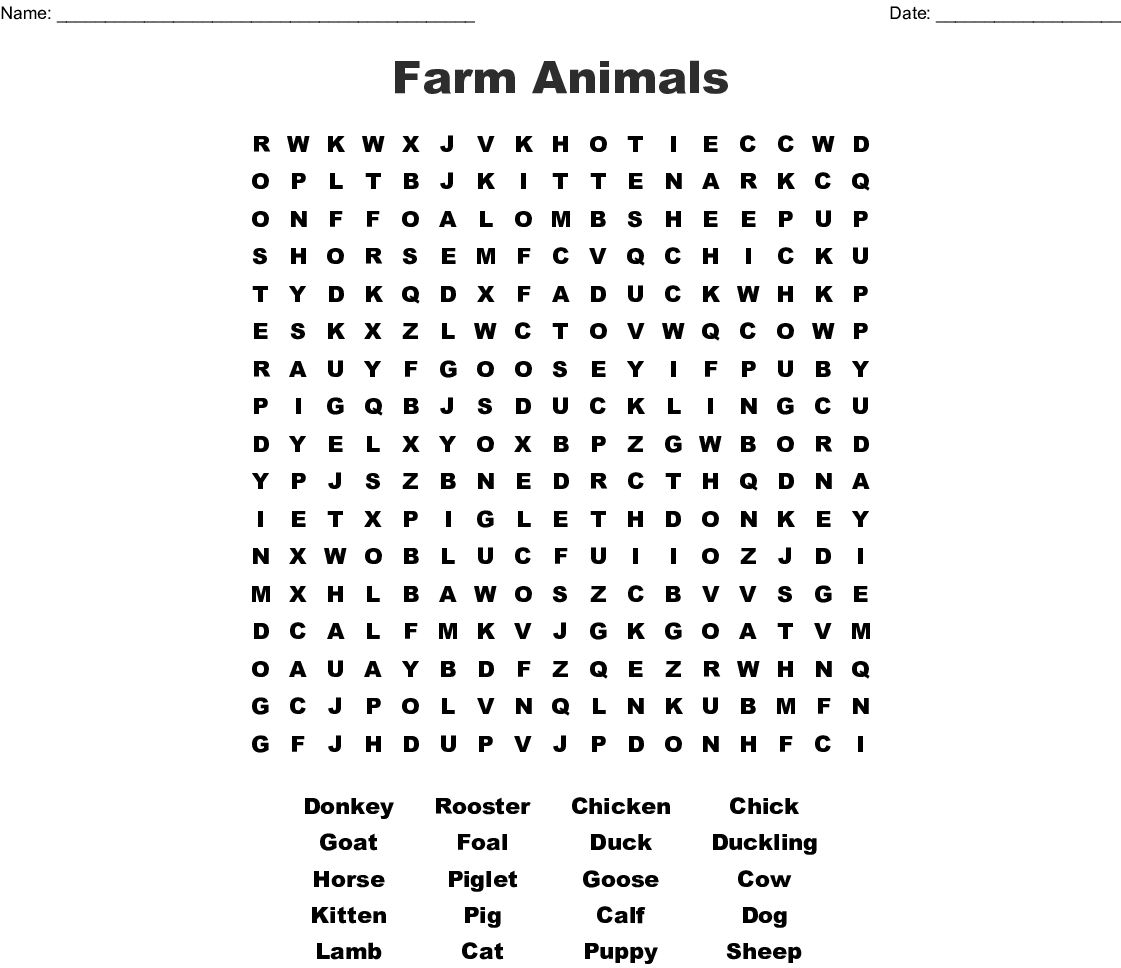 Farm Animals Word Search - Wordmint