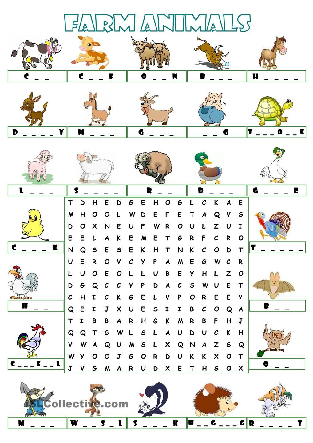 Farm Animals - Wordsearch | Animal Worksheets, English