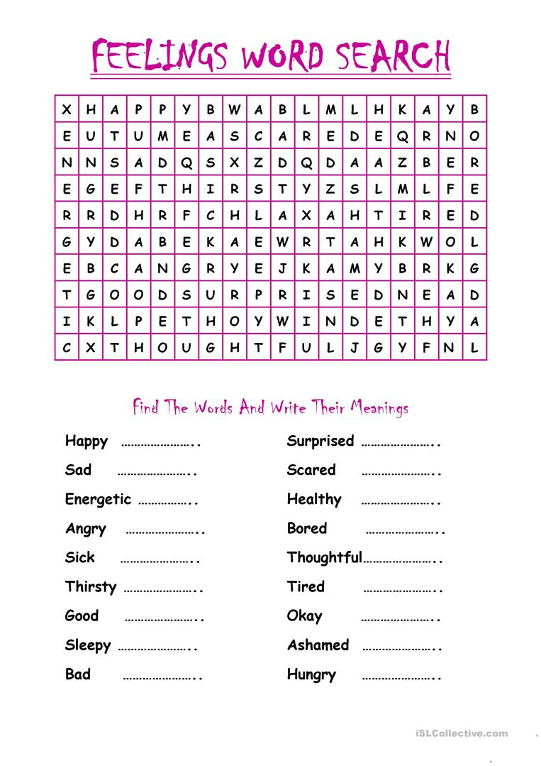 Feelings - Word Search - English Esl Worksheets For Distance