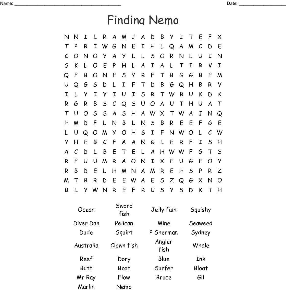 Finding Nemo Word Search - Wordmint
