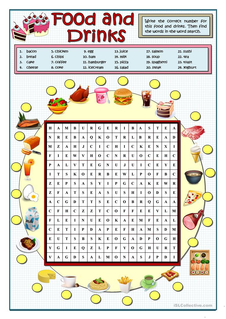 Food And Drinks Wordsearch - English Esl Worksheets For