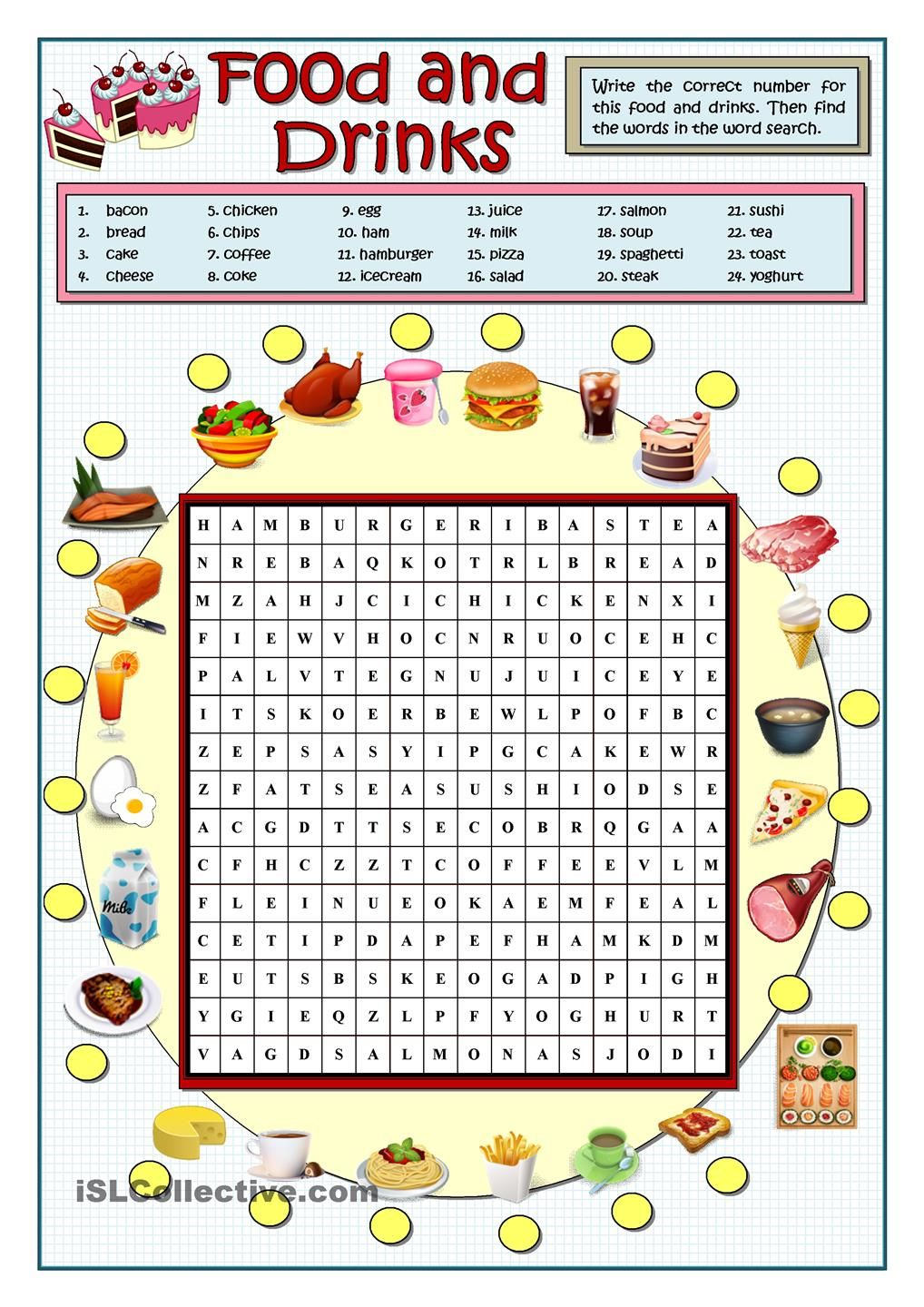 Food And Drinks Wordsearch | Exercícios De Inglês, Aulas De