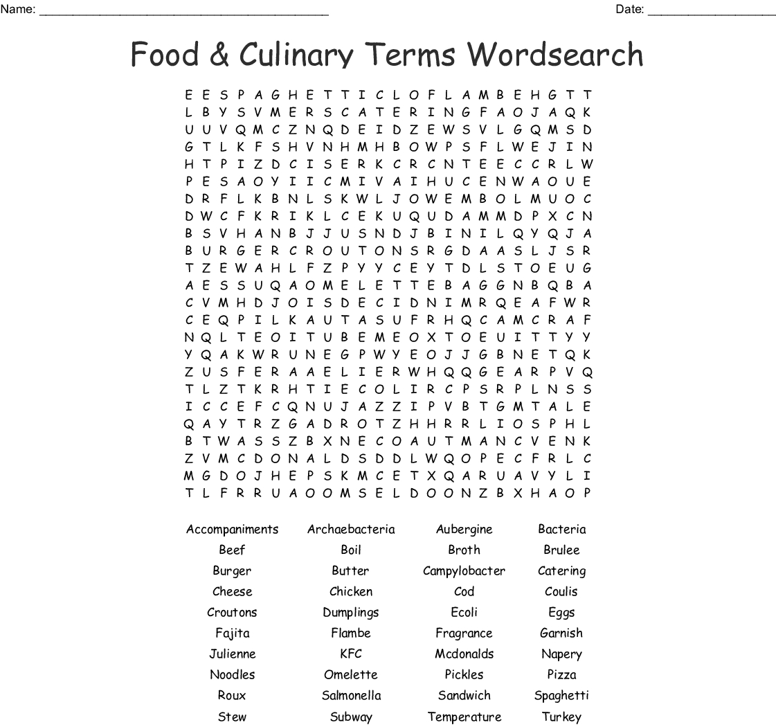 Food &amp;amp; Culinary Terms Wordsearch - Wordmint