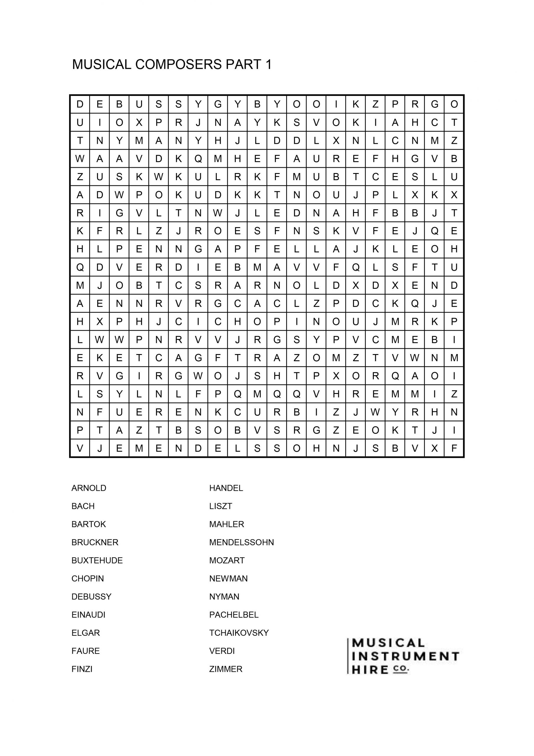 Free Music Word Search Puzzles | Musical Instrument Hire Co