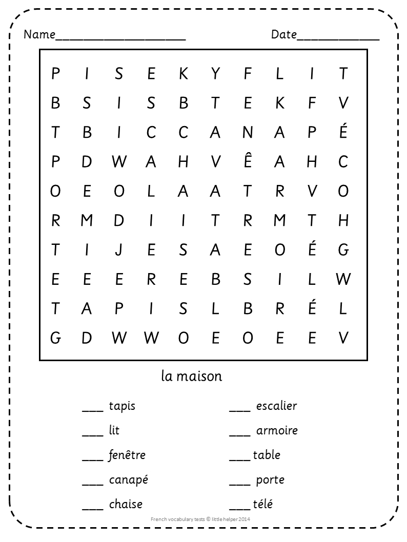 French Beginner Vocabulary Tests And Word Search Puzzles