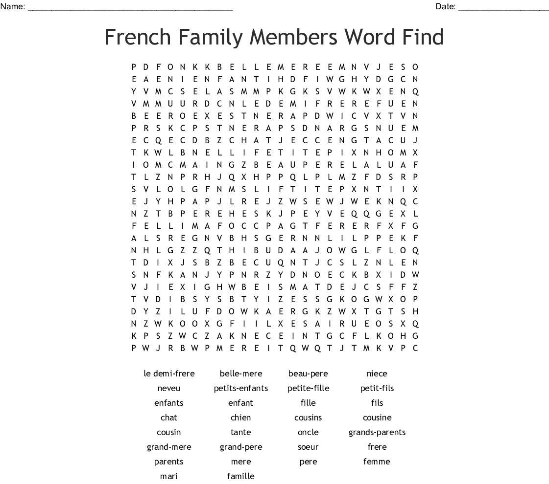 French Family Members Word Search - Wordmint