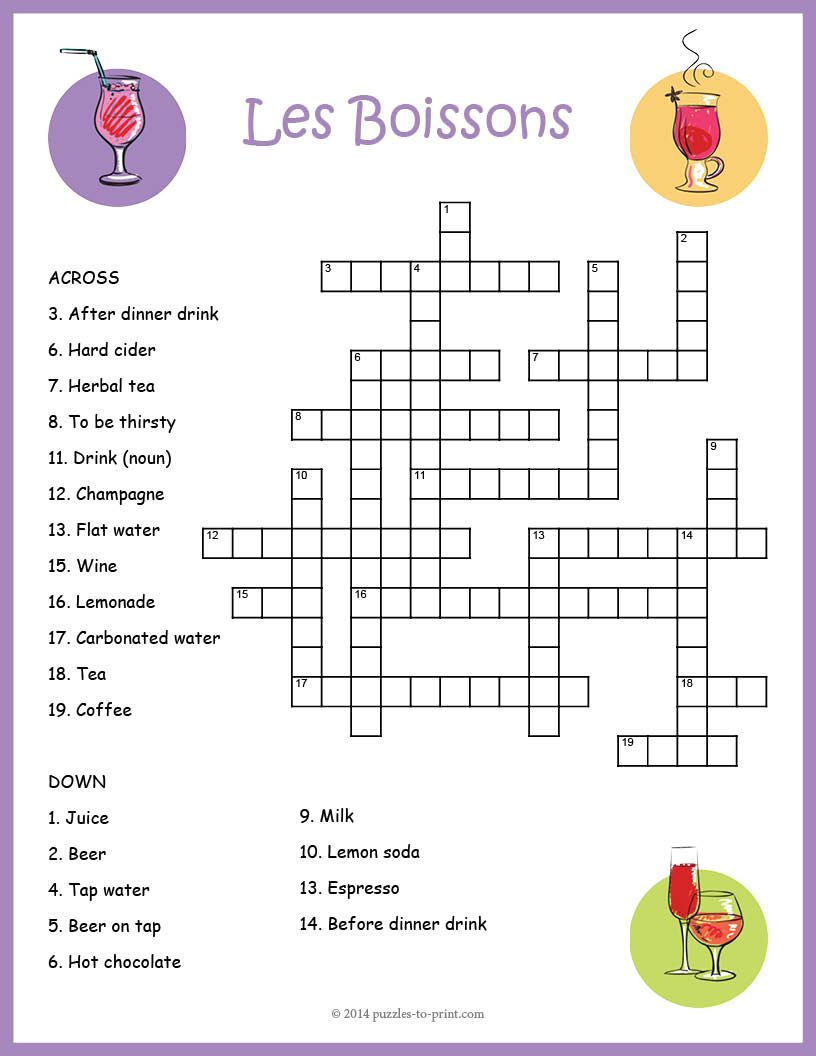 French Food Crossword Puzzle: Les Boissons - Frans