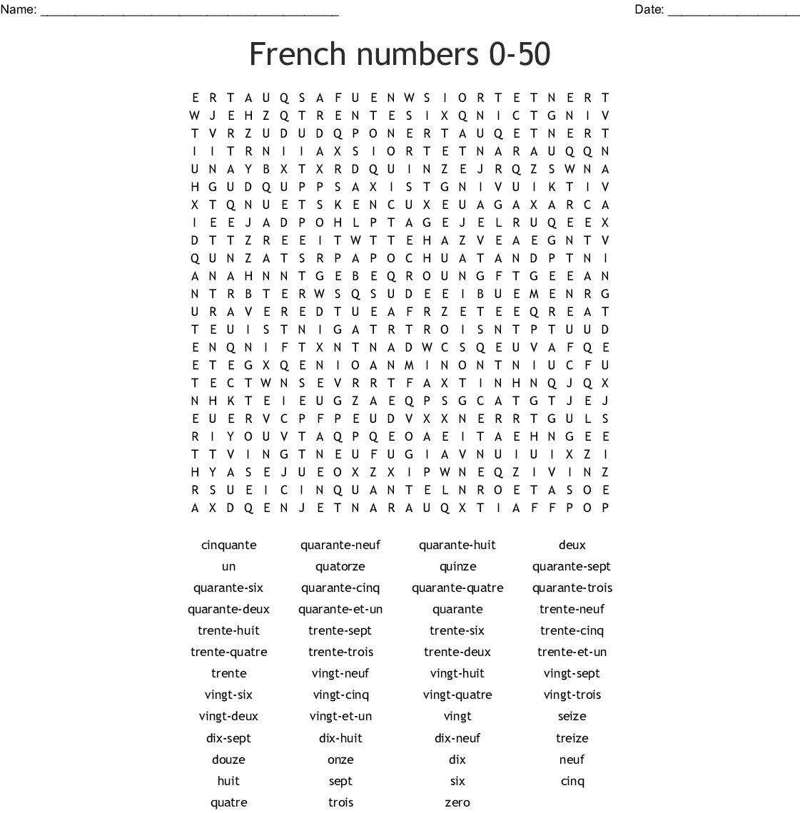 French Numbers 1-20 Word Search - Wordmint