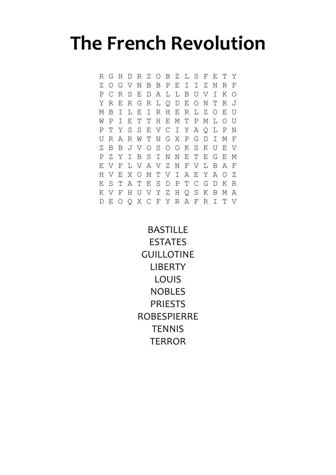 french revolution word search answer key