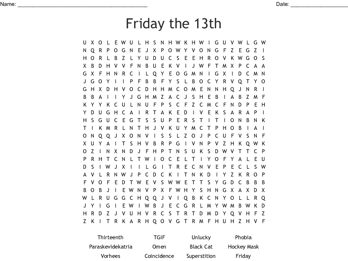 Friday The Thirteenth Word Search - Wordmint