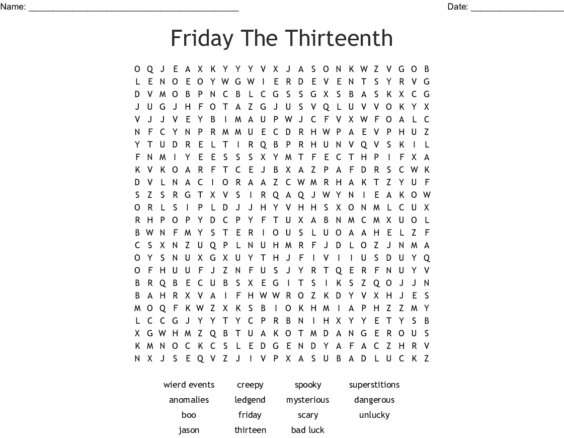 Friday The Thirteenth Word Search - Wordmint