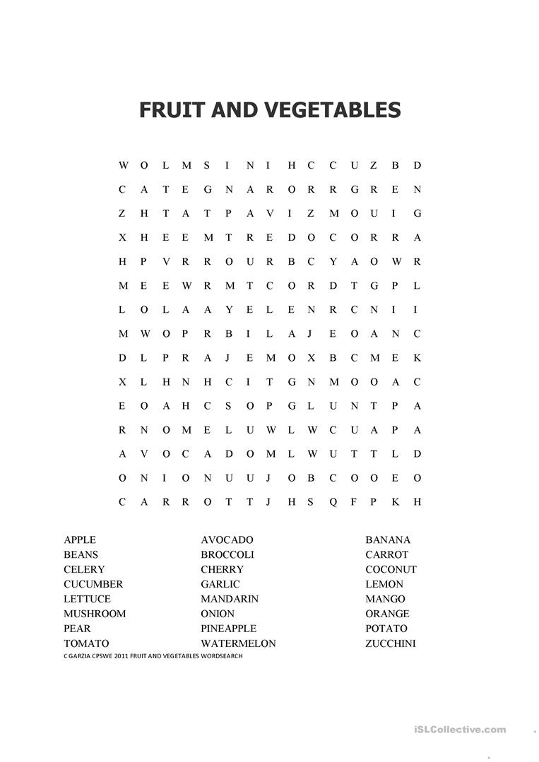 Fruit And Vegetable Word Search - English Esl Worksheets For