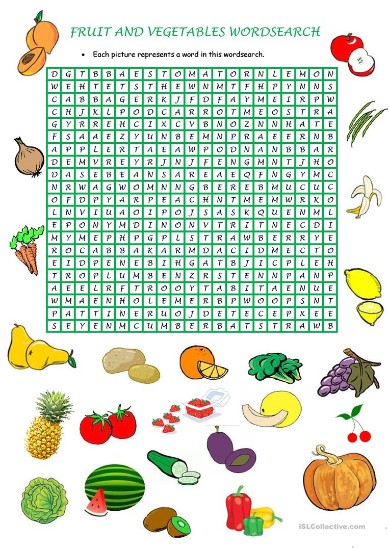 Fruit And Vegetables Wordsearch - English Esl Worksheets For