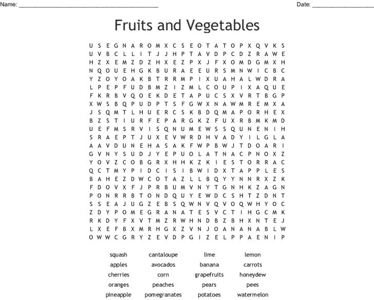 Printable Fruit And Vegetable Word Search
