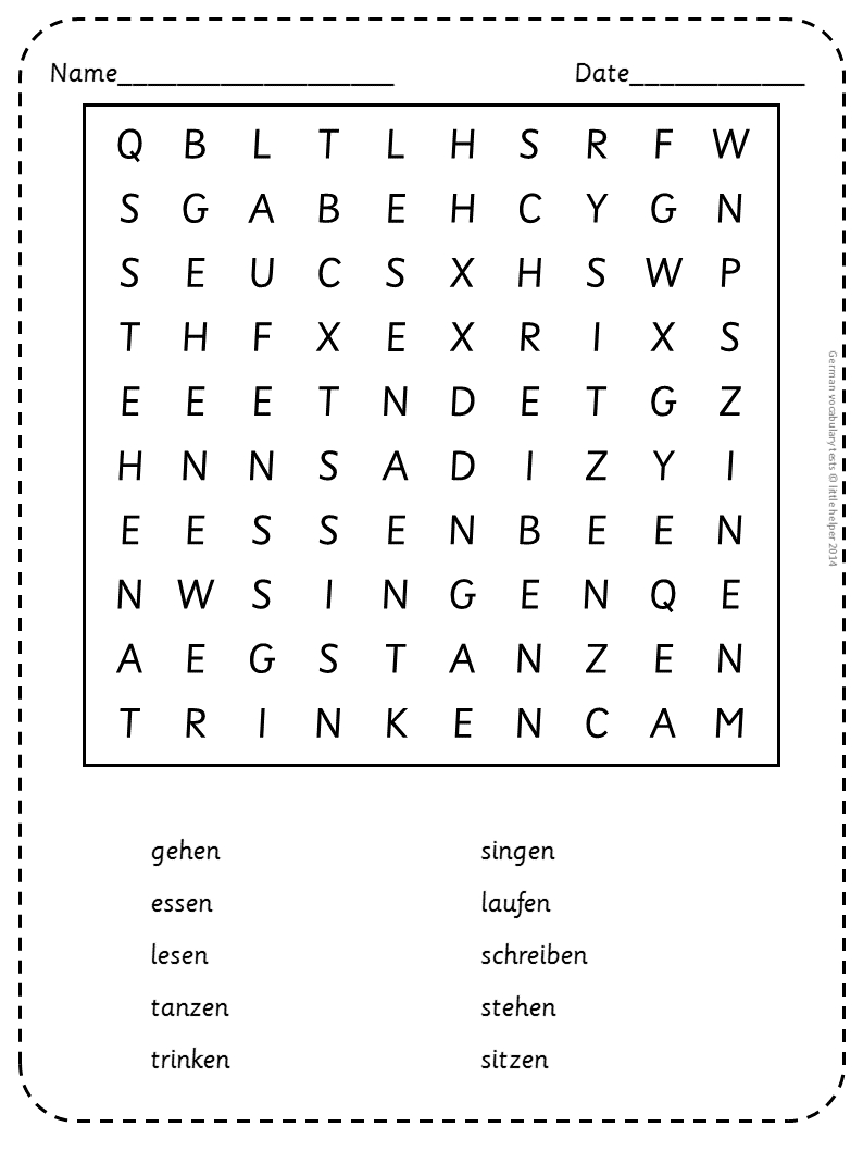 German Vocabulary Tests And Wordsearch Puzzles | Vocabulary