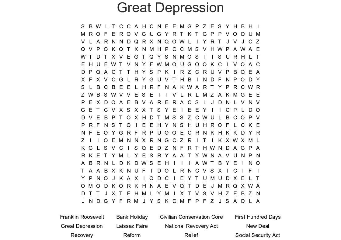 Great Depression Word Search - Wordmint