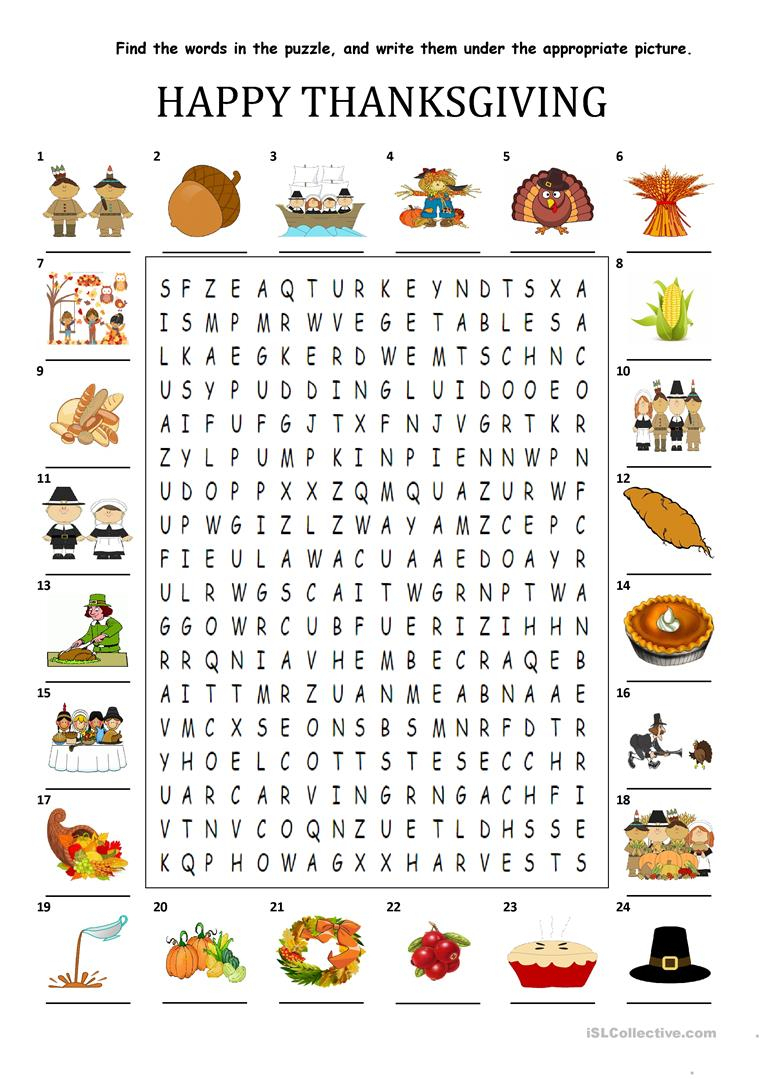 Happy Thanksgiving - Wordsearch Puzzle - English Esl
