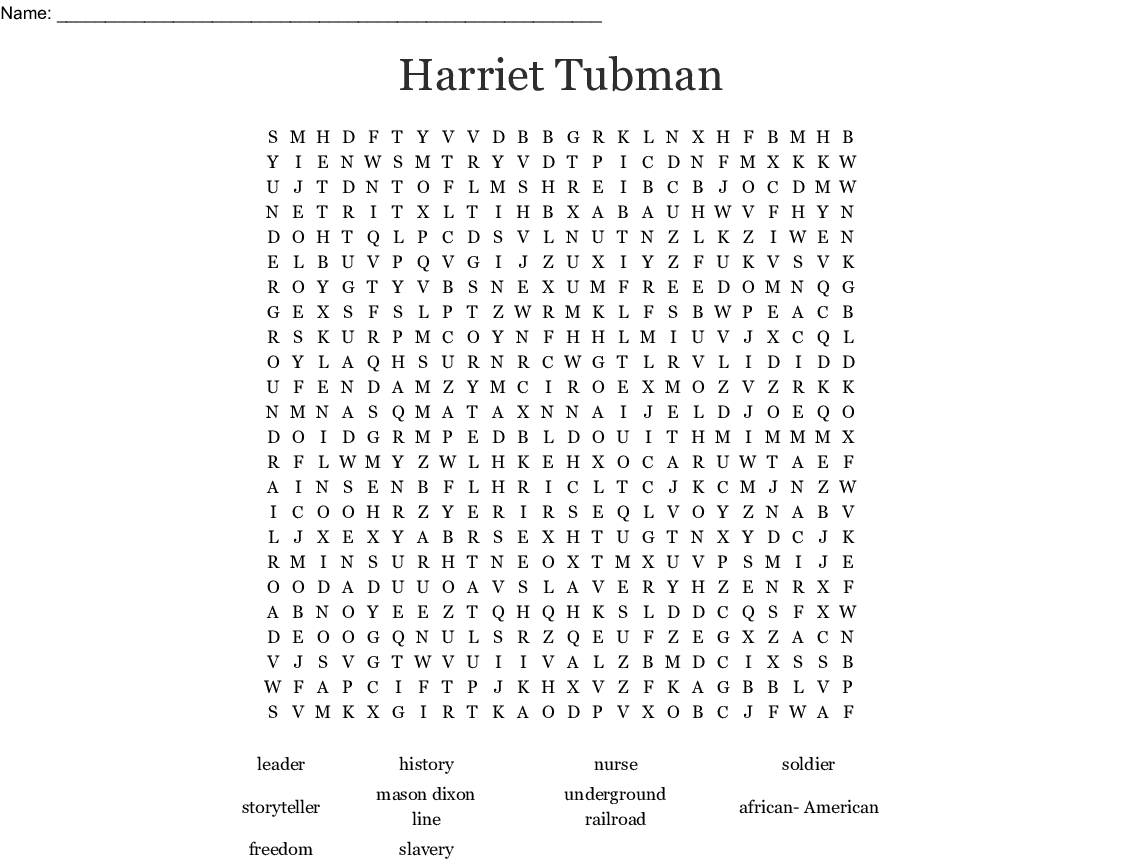 Harriet Tubman Word Search - Wordmint