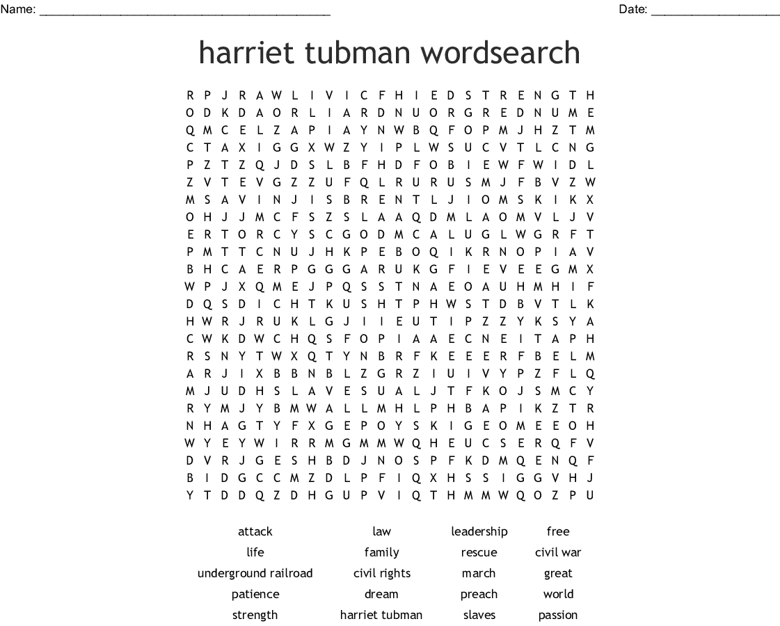 Harriet Tubman Wordsearch - Wordmint