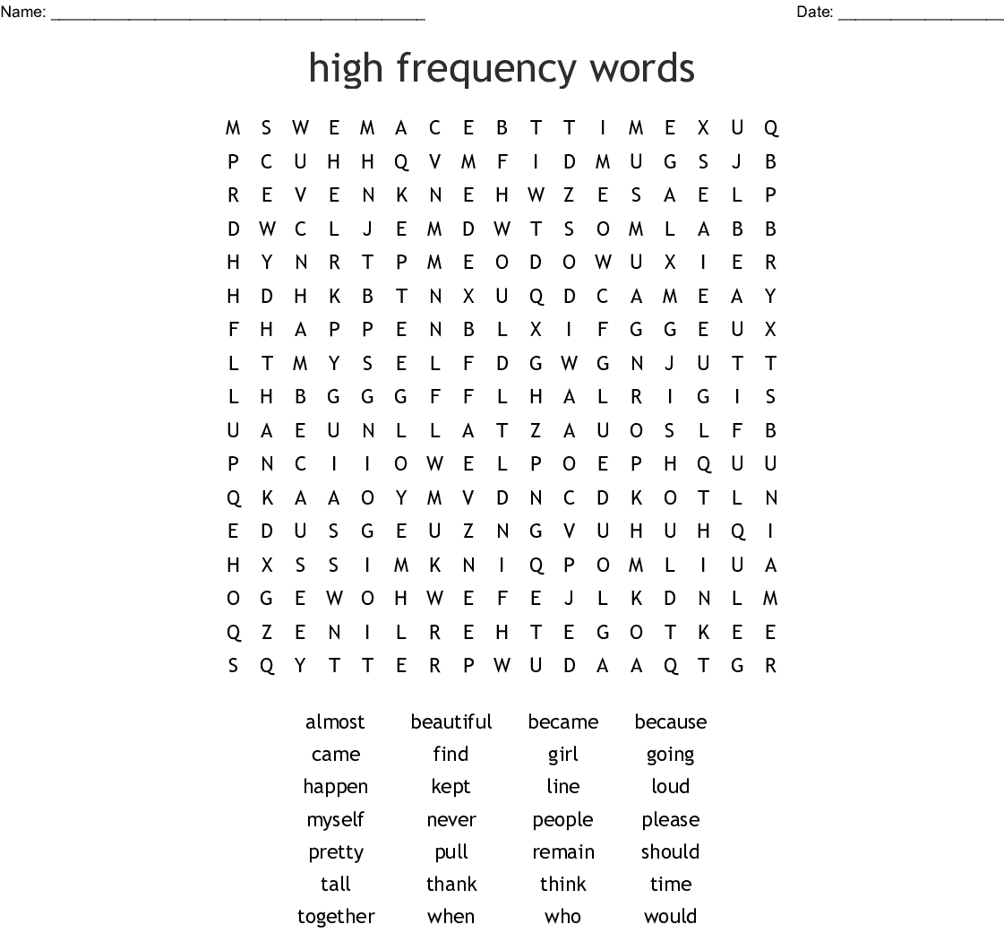 High Frequency Words Word Search Printable Free