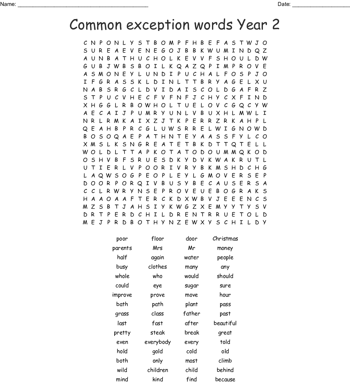 High Frequency Words Word Search Printable Free