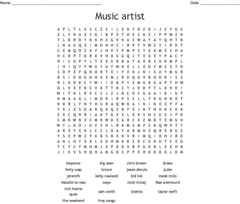 Hip Hop Music Artist Word Search - Wordmint - Word Search Printable