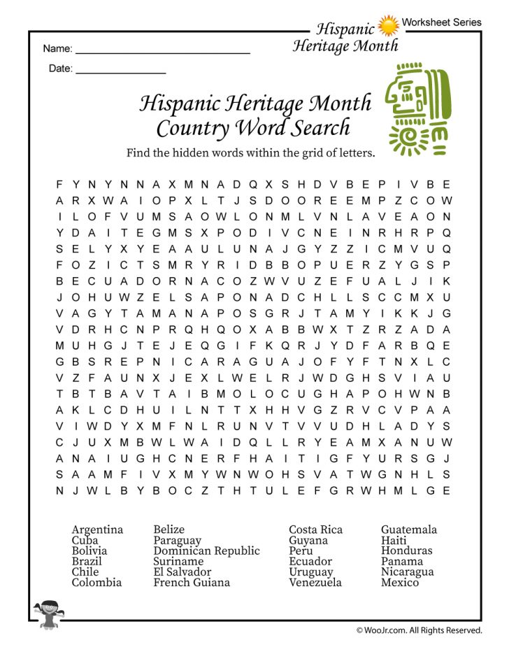 Hispanic Heritage Month Activities Worksheet Woo Jr Kids Word Search Printable