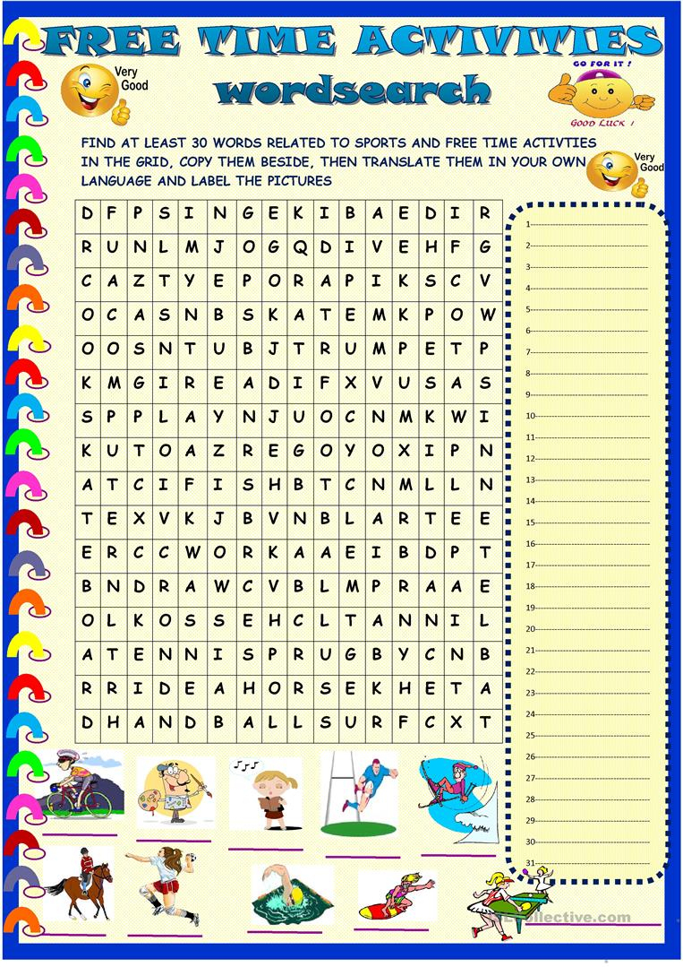 Hobbbies And Sports : Wordsearch With Key - English Esl