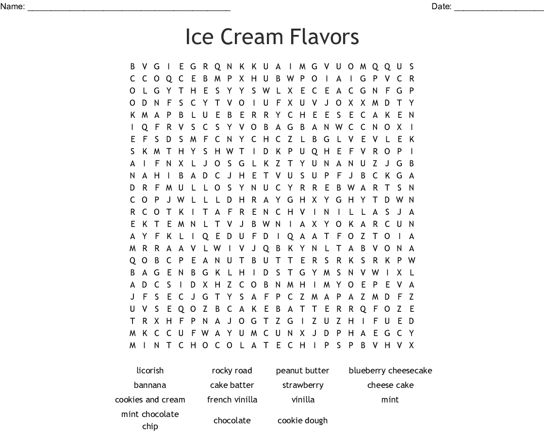 Ice Cream Flavors Word Search - Wordmint