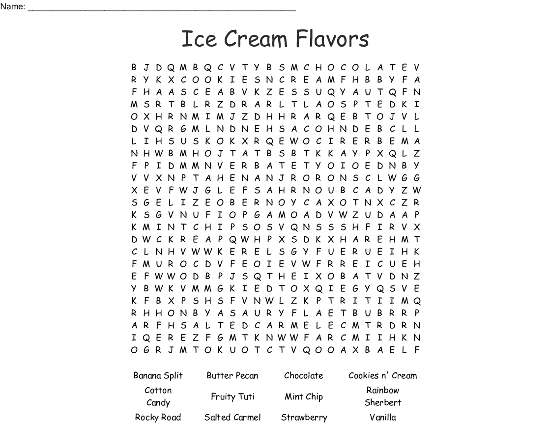 Ice Cream Flavors Word Search - Wordmint