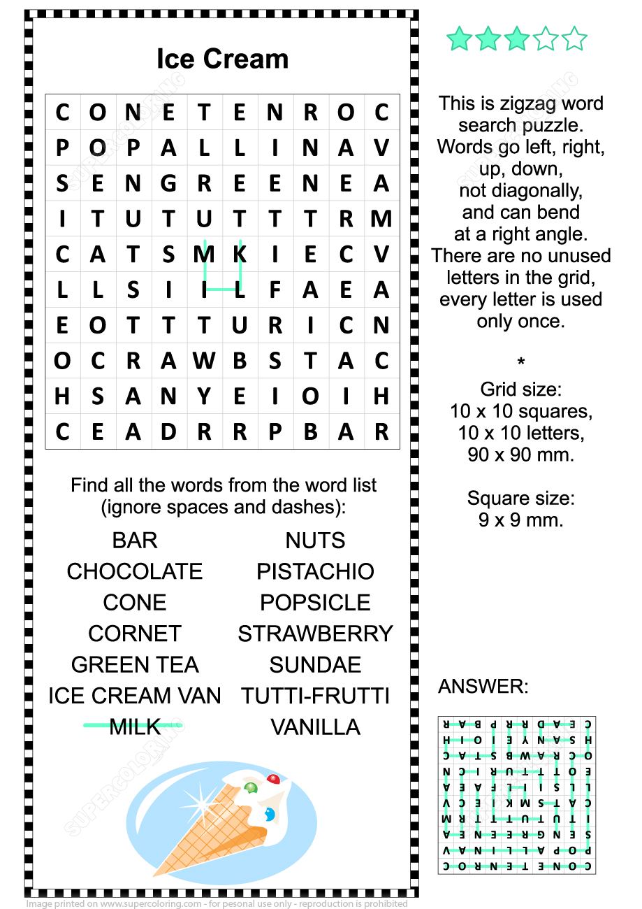 Ice Cream Zigzag Word Search Puzzle | Free Printable Puzzle