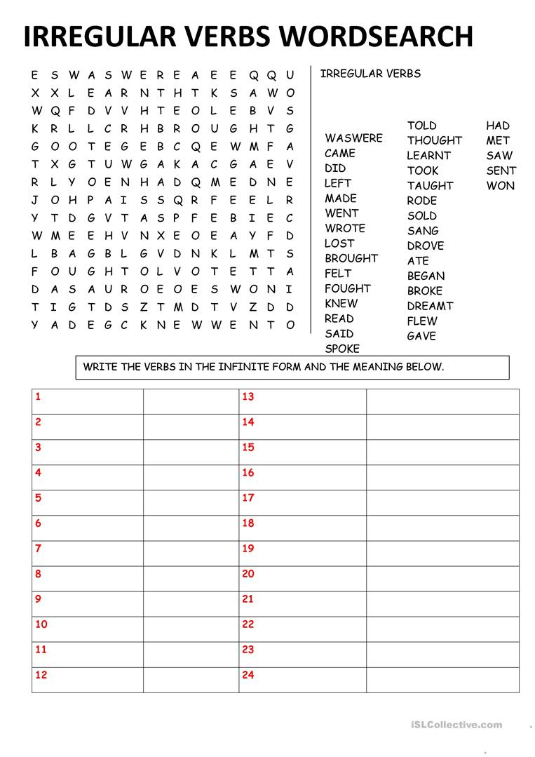 Irregular Verbs Wordsearch - English Esl Worksheets For