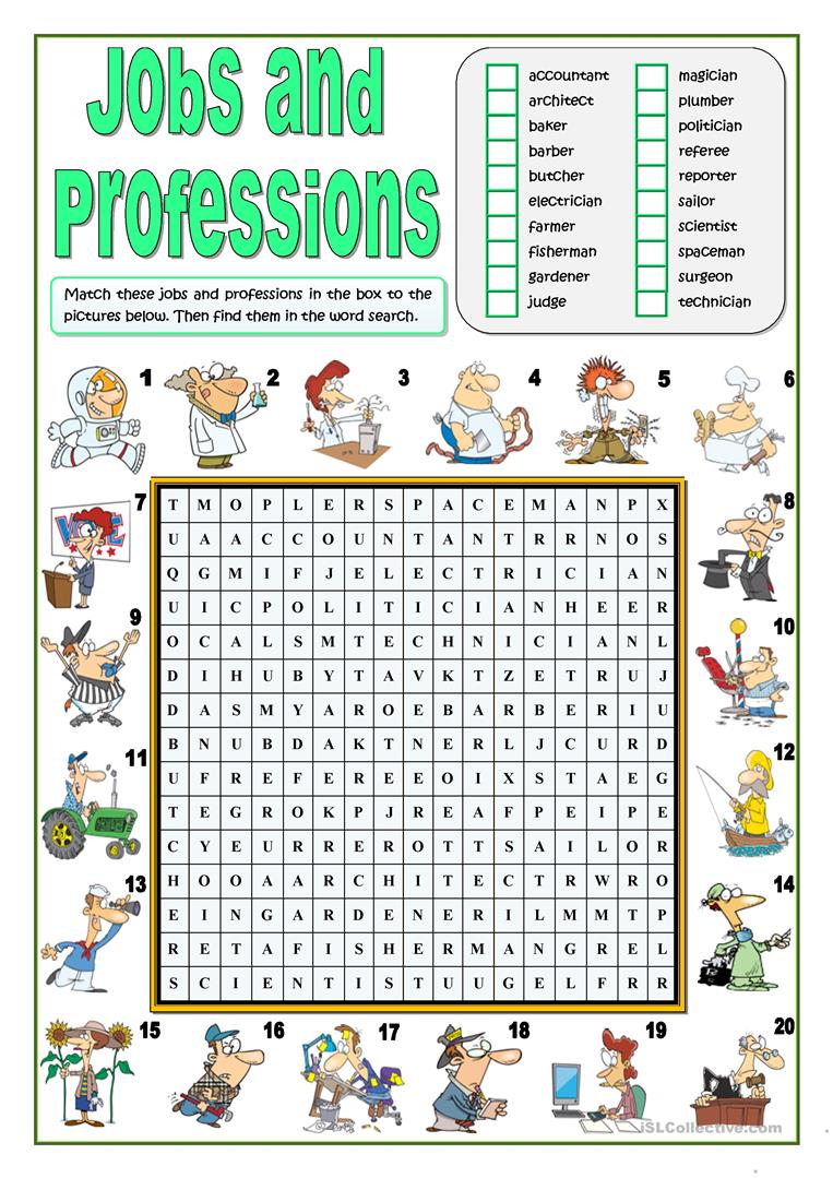 Jobs And Professions Wordsearch - English Esl Worksheets For
