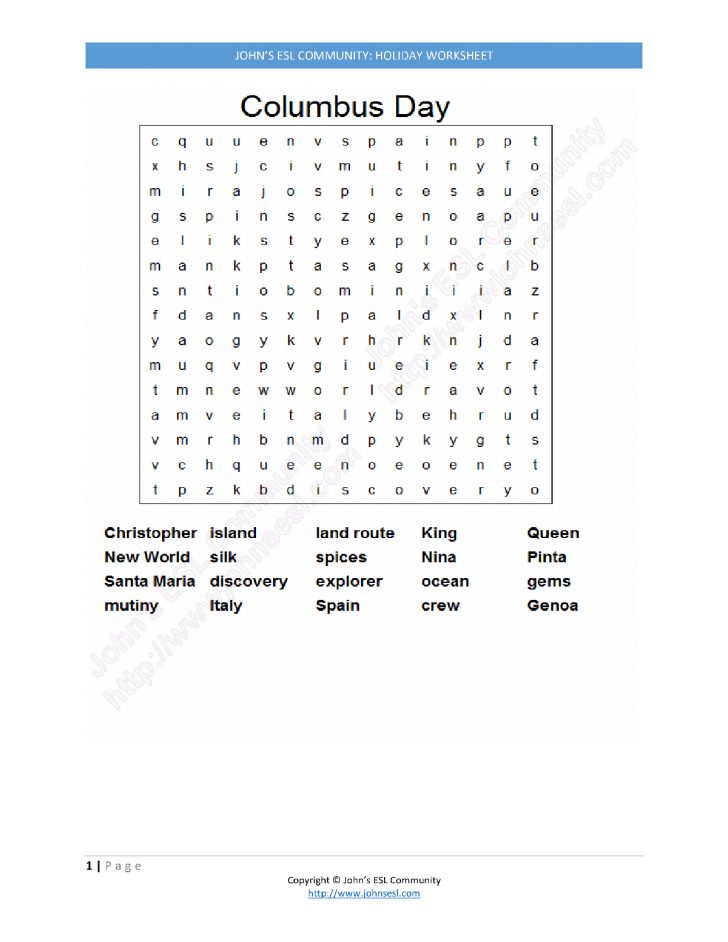 Columbus Day Word Search Printable