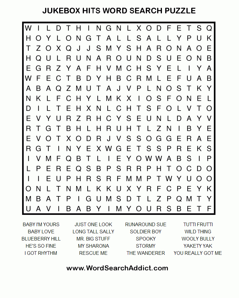 Jukebox Hits Printable Word Search Puzzle | Word Search