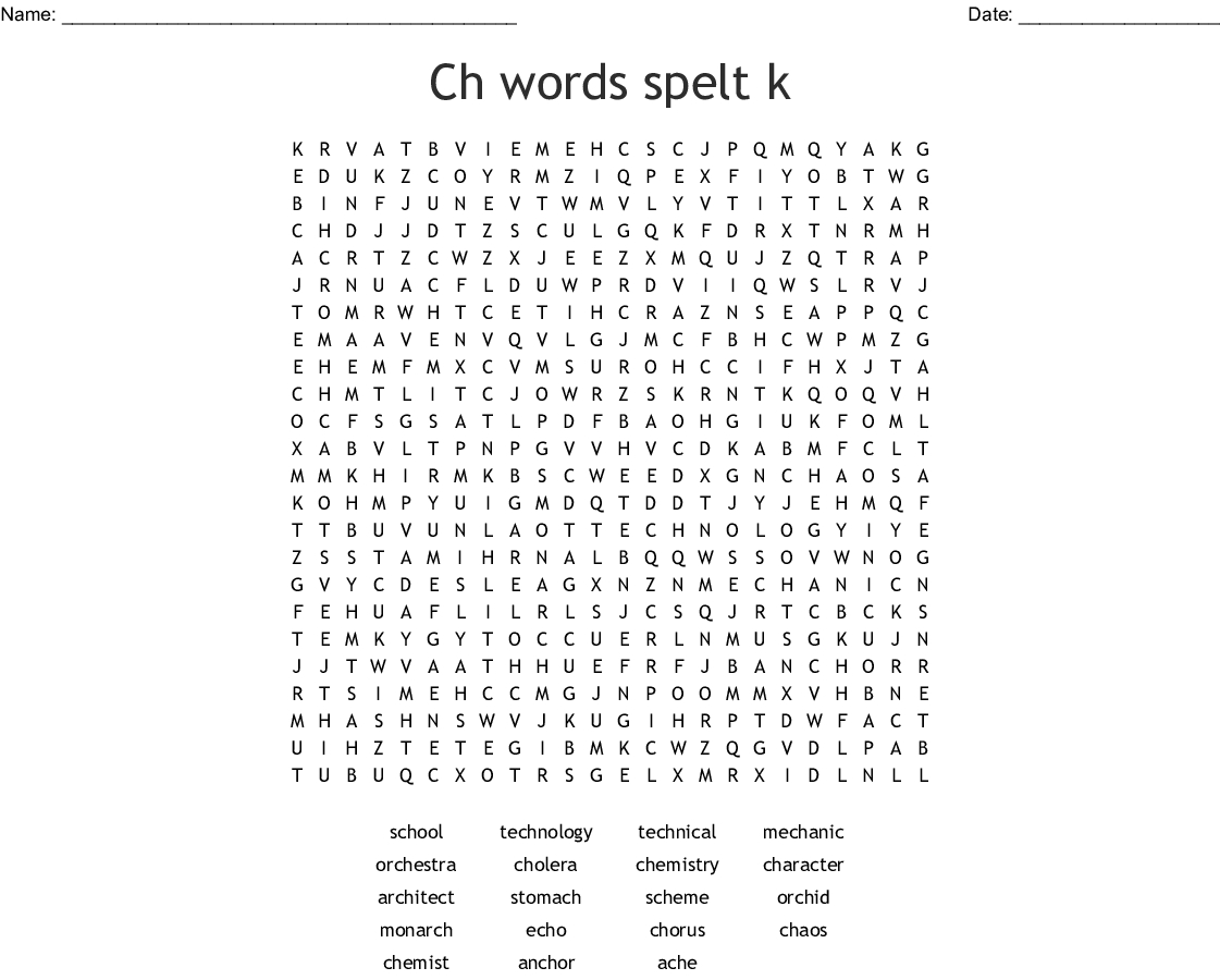 K Sound Spelt Ch Word Search - Wordmint