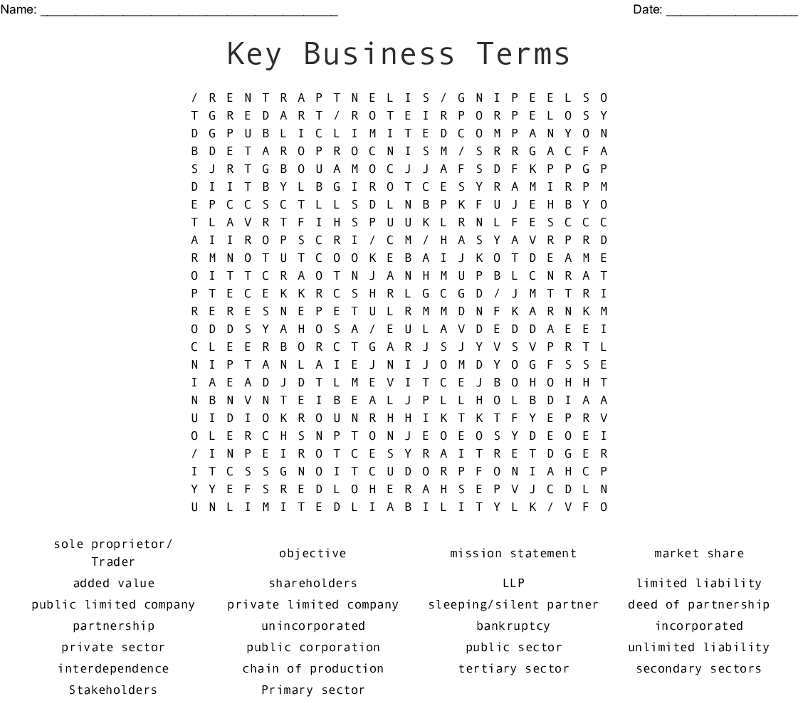 Key Business Terms Word Search - Wordmint