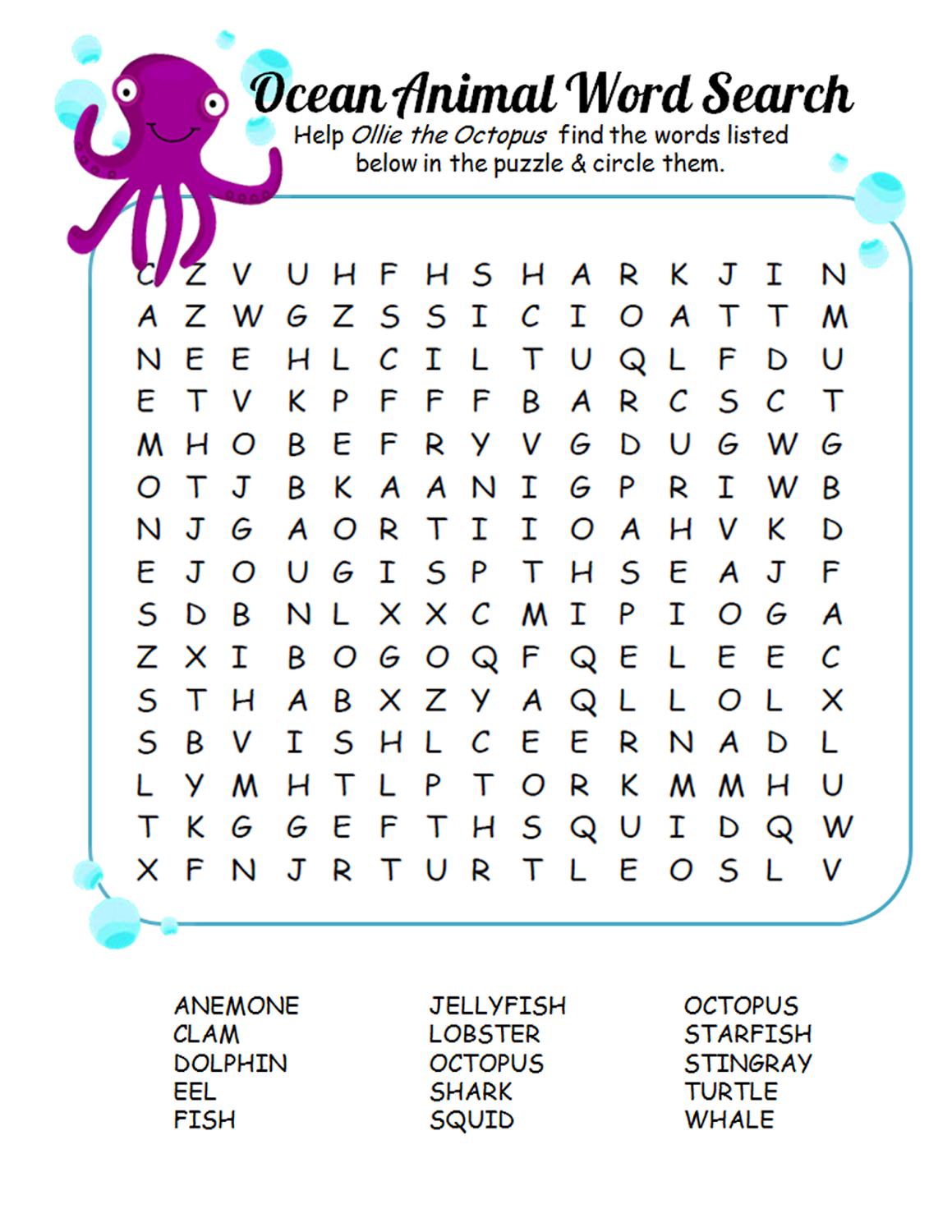 Kid Word Search Puzzles | Kids Word Search, Ocean Animals