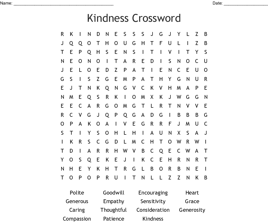 Kindness Crossword Word Search - Wordmint