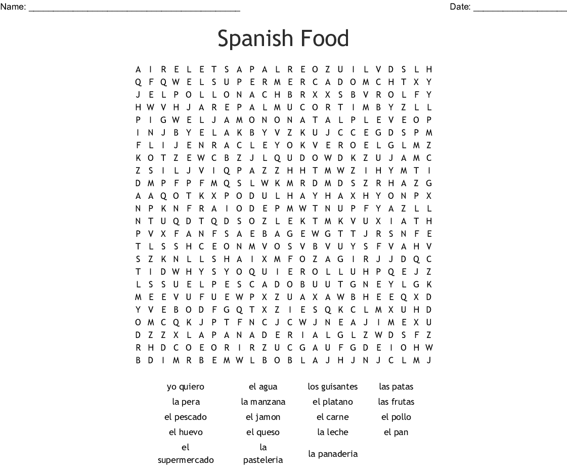 La Comida Word Search Answer Key