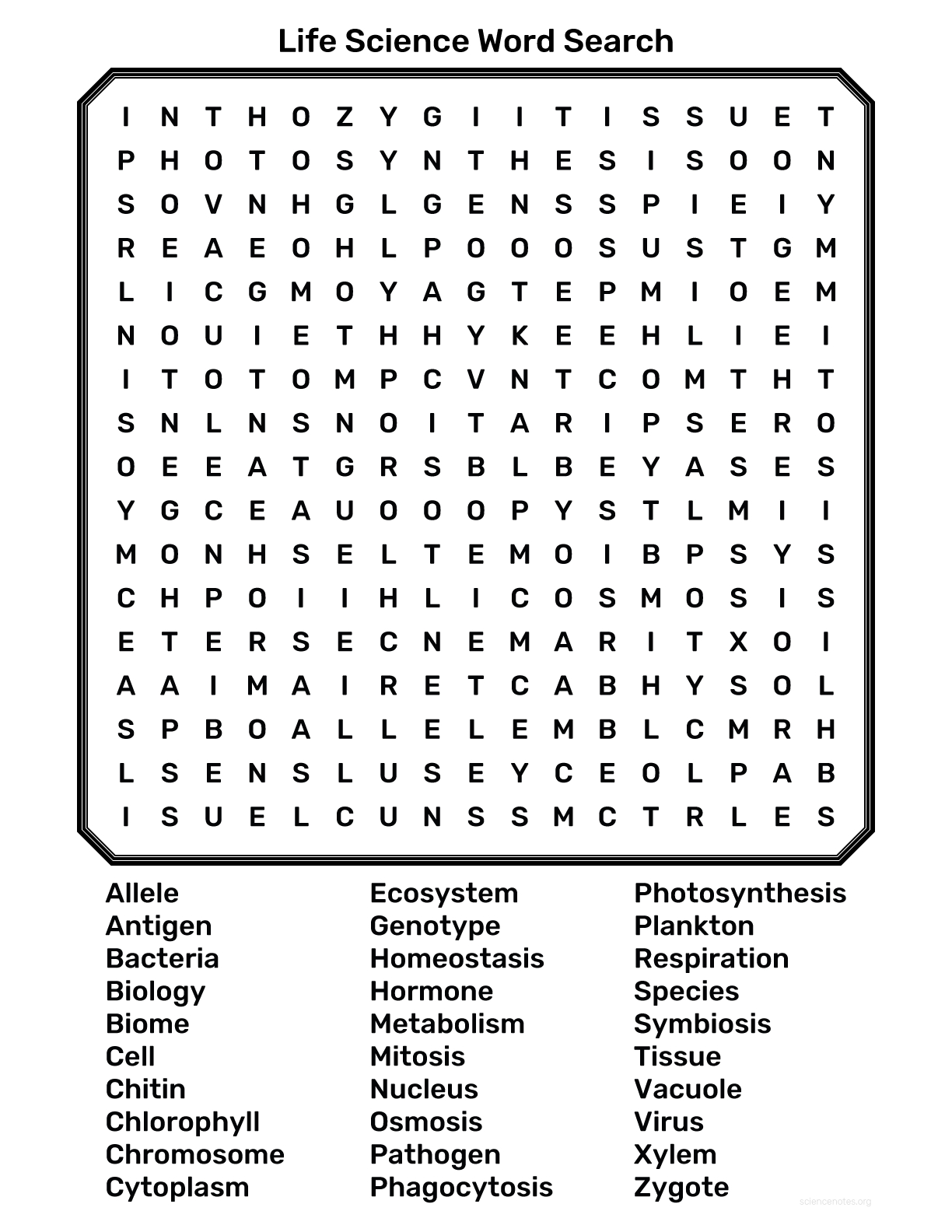 Life Science Word Search